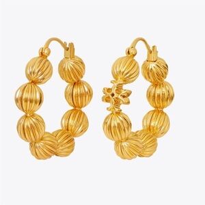 Tory Burch Roxanne Ribbed Beadded Gold Hoops